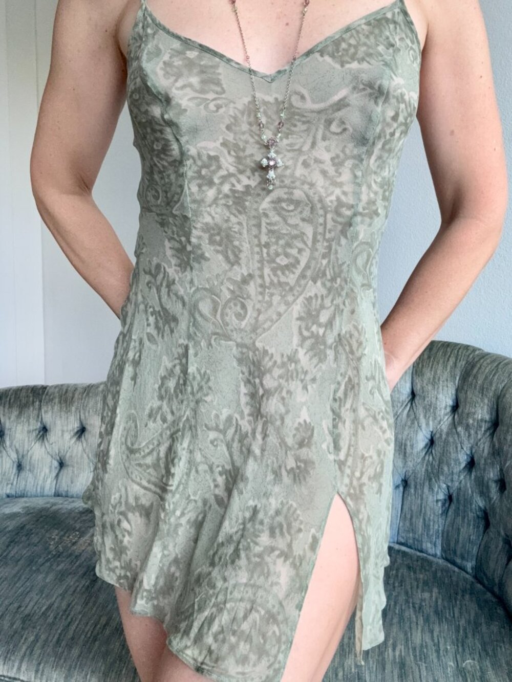 Victoria's Secret Vintage Silk Chiffon Mini Slip Dress XS Sage Green Paisley